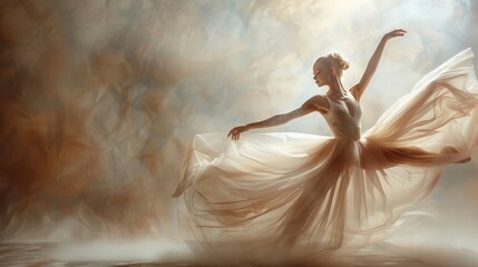 A ballerina dancing gracefully in a flowing gown, her movements creating a sense of fluidity and elegance. Pastel-colored costume, soft lighting, ethereal atmosphere