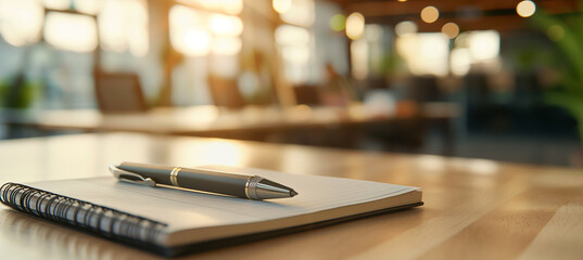 close up of a pen on a notebook, business concept, copy space