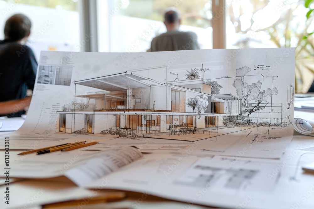 Poster a drawing of a house placed on a table. suitable for interior design concepts