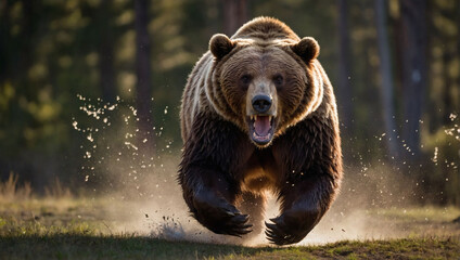 Terrifying sight, enraged grizzly bear hurtles towards the camera in a burst of fury.