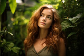 Naklejka premium A Serene Portrait of a Young Woman Embracing the Tranquil Beauty of Nature While Standing Before the Lush Foliage of an Enchanting Arboretum