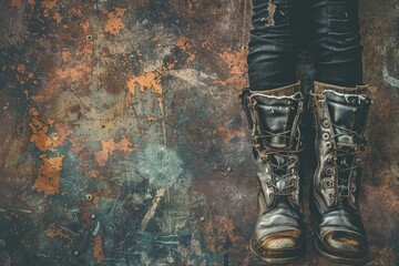 Pair of boots resting on rustic wooden floor. Suitable for lifestyle or fashion themes