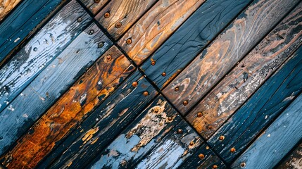 The surface of the brown, black, and blue planks has a scratched surface, showing the wood grain, diagonally placed together, fastened with nails.