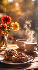 Sunlight streams through an open window onto breakfast: cinnamon rolls and coffee, with flowers on the table in the background.