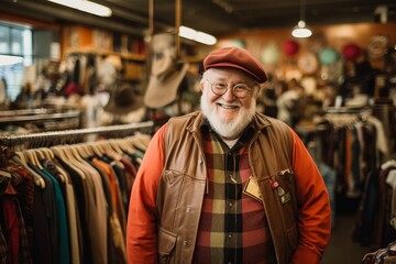 Fototapeta premium A Glimpse into the Past: Vintage Enthusiast Revels in the Nostalgic Charm of a Local Thrift Store Facade