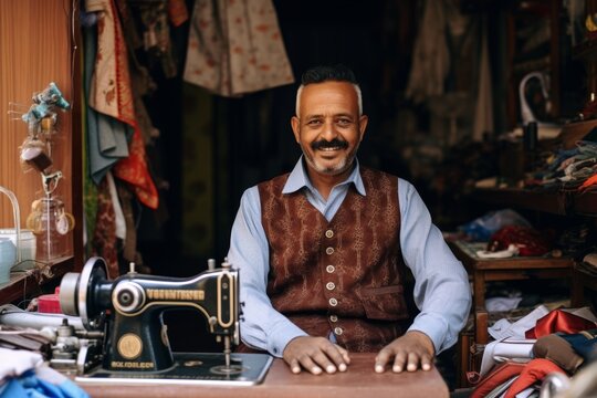 Smiling Artisan Tailor Proudly Standing at the Entrance of His Quaint Shop Adorned with Colorful Fabrics and Vintage Sewing Machines