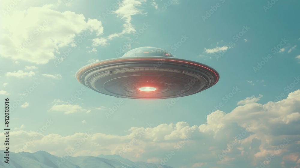 Poster A flying object in the sky with a mountain in the background. Suitable for various design projects