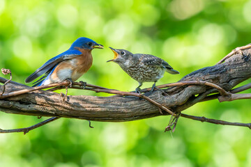 Bluebird Parent Feeding Fledgling