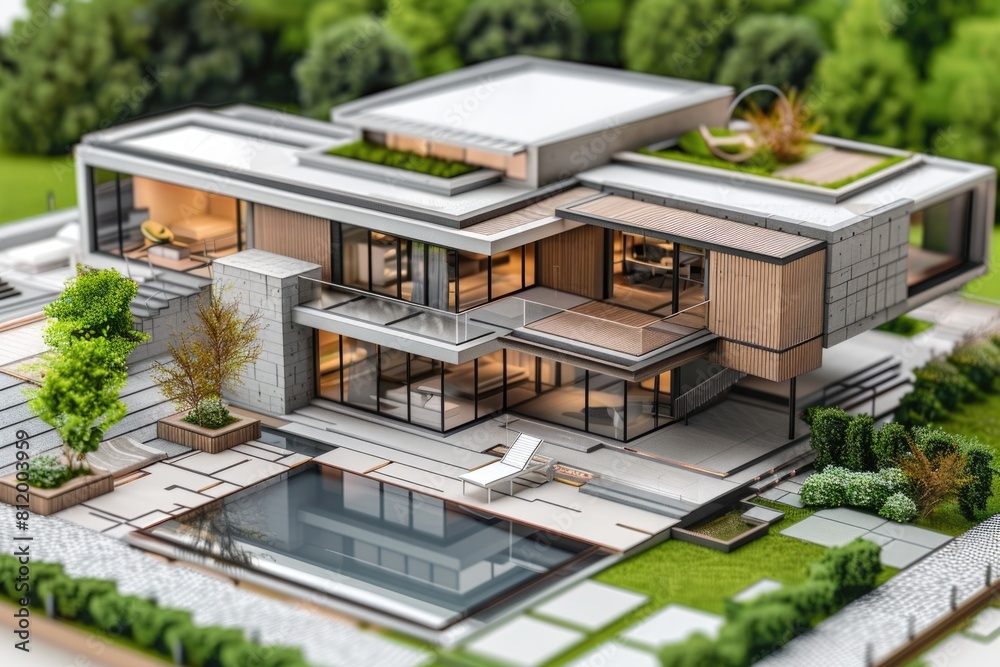 Poster A model of a modern house with a pool. Ideal for real estate or architecture projects