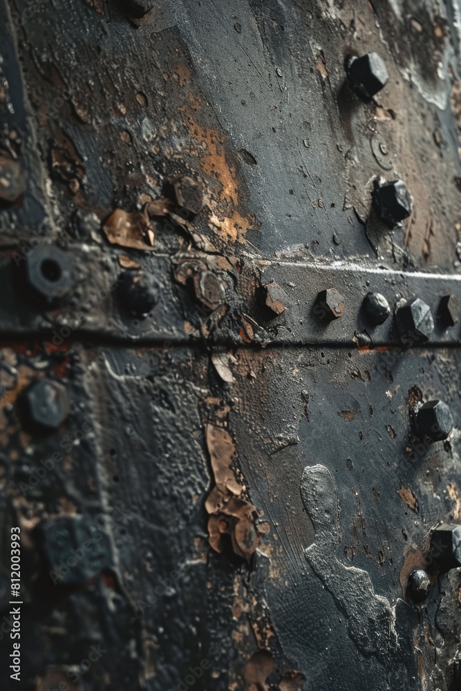 Poster detailed view of a metal door with rivets, suitable for industrial and security concepts