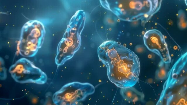 Cell-like microorganisms illuminated by a blue light, showcasing intricate internal structures and floating in a dark, ethereal space, perfect for scientific and biological themes