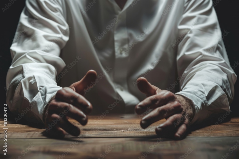 Poster a man sitting at a table with his hands placed on the table. suitable for business or education conc