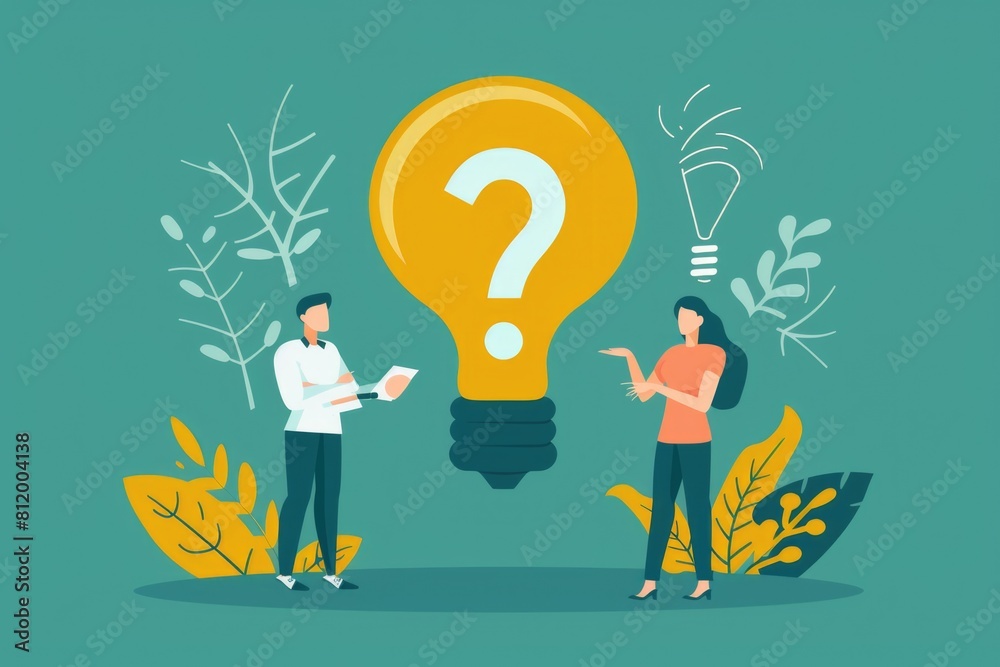 Poster man and woman facing a light bulb with a question mark. suitable for educational concepts