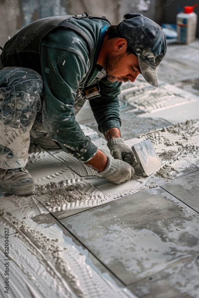 Poster a man is shown working on a tile floor. suitable for home improvement projects