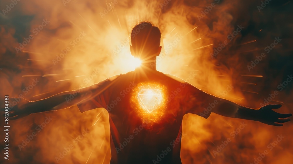 Poster a man standing in front of a bright light, suitable for various concepts