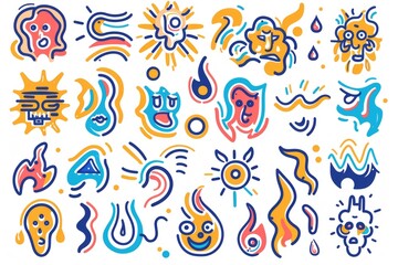 Various colored drawings on a plain white backdrop. Suitable for design projects or educational materials