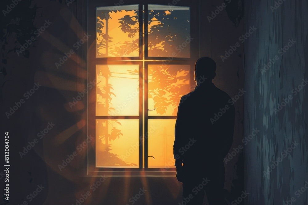 Aufkleber A silhouette of a man standing in front of a window. Suitable for various concepts and designs