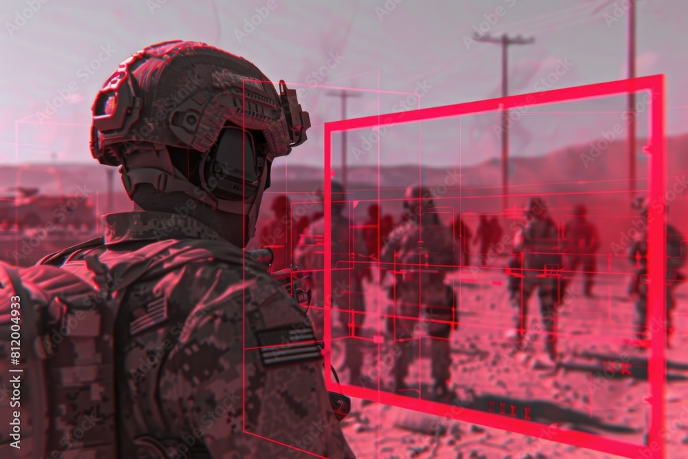 Poster a man in a military uniform focusing on a screen. suitable for technology or military concepts