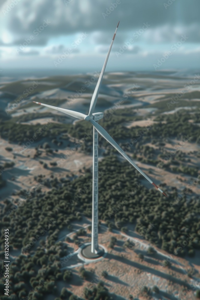 Poster aerial view of a wind turbine in a field. suitable for environmental and renewable energy concepts