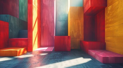 Colorful 3D rendering of a modern geometric structure with bright colors and clean lines.
