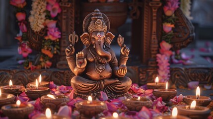 Fototapeta premium Ganesha crafted in terracotta surrounded by diyas (oil lamps), evoking a warm, festive feel