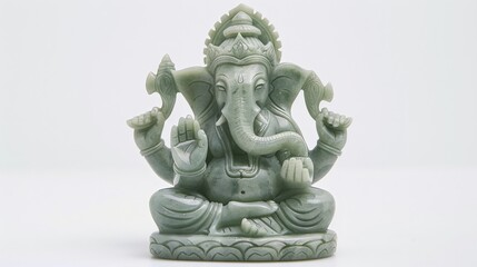 Ganesha figurine crafted from jade, positioned on a white background to highlight its fine details