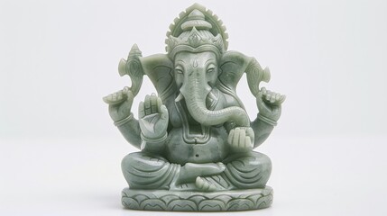 Fototapeta premium Ganesha figurine crafted from jade, positioned on a white background to highlight its fine details