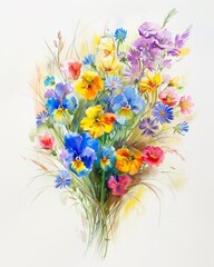 beautiful watercolor painting of a bouquet of multi-colored flowers bundled together with white background