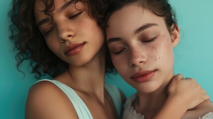 A photo capturing two girls embracing each other warmly symbolizing their deep friendship with a teal background provides ample space for texts or additional elements