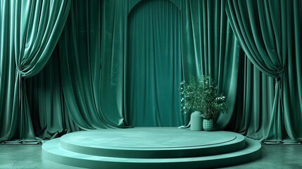 3d rendering of empty stage with green curtain and podium.