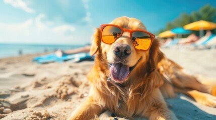 Golden Retriever Dog Enjoying a Relaxing Summer Vacation at a Seaside Resort, Basking in the Warmth of the Sun and Playing on the Sandy Beach with Joyful Abandon

