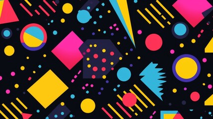seamless pattern with geometric shapes in the style of 90s
shapes are bright circles, rectangles,lines, dots