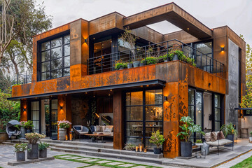 An industrial design style house with a copper paneled facade with a modern and minimalist look