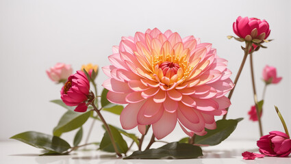 A pink dahlia is in full bloom