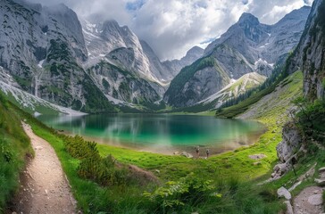 Fototapeta premium Wide-angle photo shows the surroundings around an alpine lake 