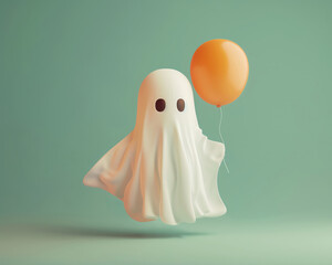 3D illustration of a friendly ghost with an orange balloon, headshot on a solid green background, viewed from the front