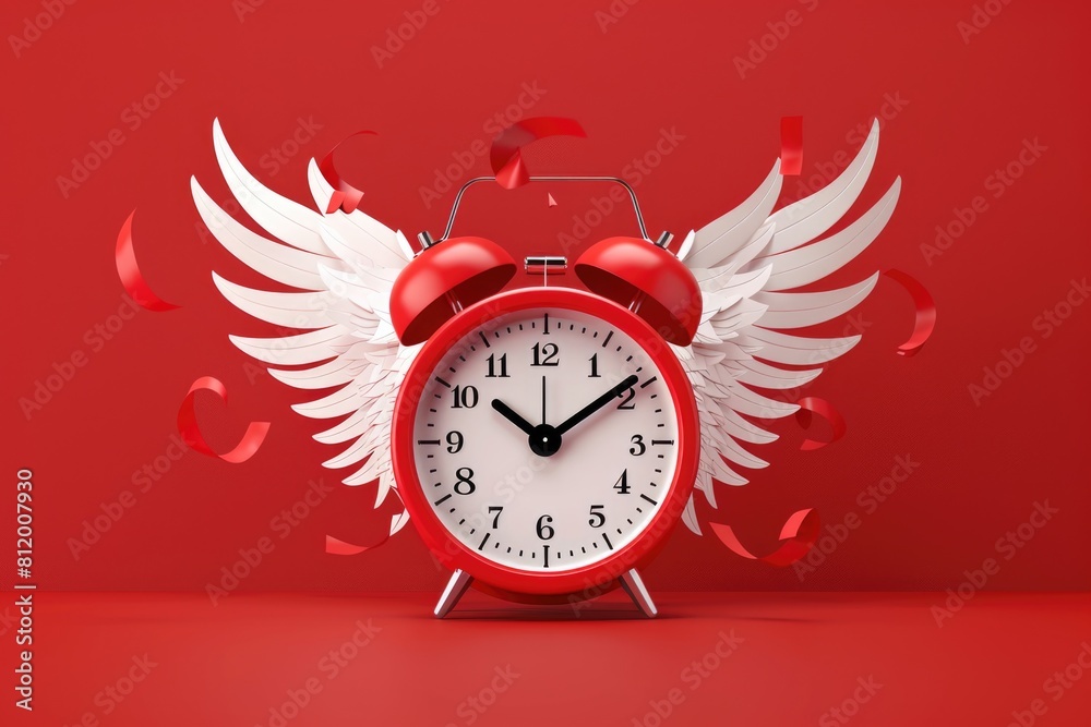 Poster A unique red alarm clock with white wings on a vibrant red background. Perfect for time management concepts