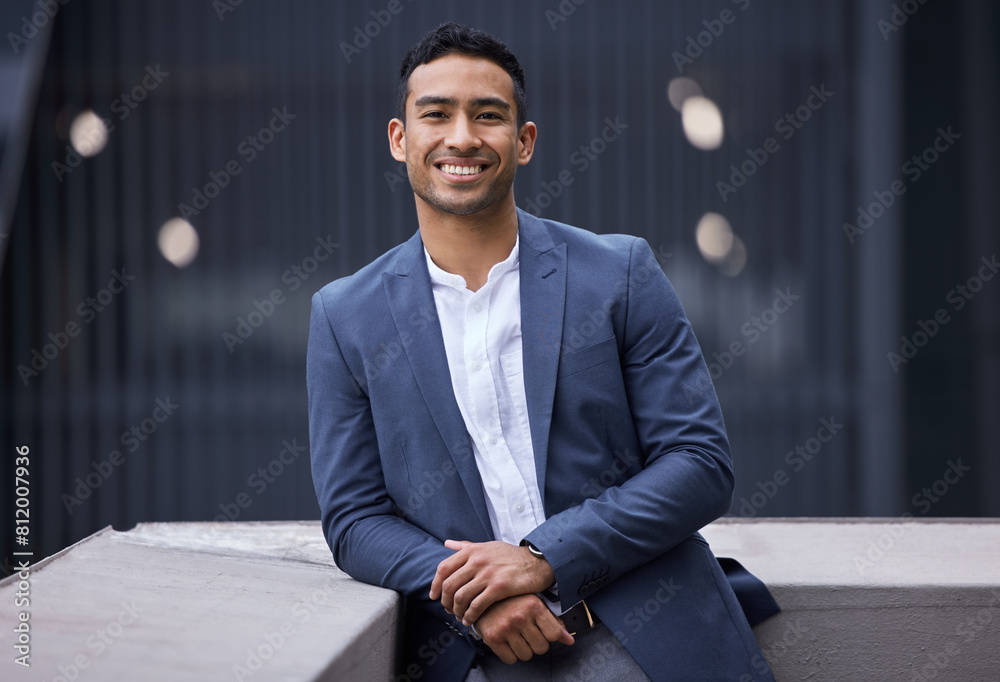 Canvas Prints Smile, confident and portrait of businessman in city for entrepreneur career in Mexico. Professional, happy and face of male corporate executive lawyer with pride for company in outdoor urban town.