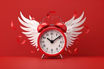 A unique red alarm clock with white wings on a vibrant red background. Perfect for time management concepts