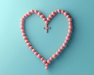3D graphic of a heart shaped rosary, headshot styled on a solid blue background, facing front - obrazy, fototapety, plakaty