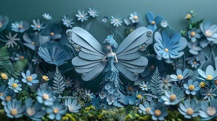 Flat Design D Render of a Fairy in a SplitComplementary Color Scheme for Fantasy Theme - obrazy, fototapety, plakaty