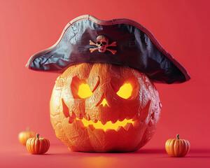 3D graphic of a pumpkin sporting a pirate hat, headshot layout on a solid red background, viewed from the front - obrazy, fototapety, plakaty