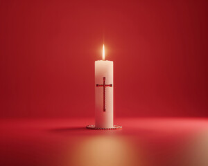 3D graphic of a Christian candle and cross necklace, headshot styled on a solid red background, facing front - obrazy, fototapety, plakaty