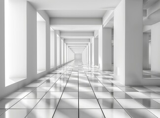 Obraz premium Futuristic empty corridor interior with white walls and tiled floor