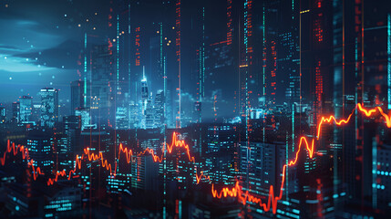 Abstract night city background ,A stunning visual of a city skyline at dusk overlaid with glowing digital financial graphs, symbolizing the dynamic economy and technological advancement of urban life