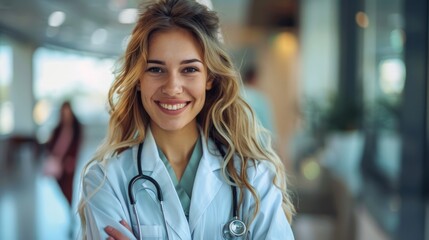 Smiling female doctor in hospital wearing a stethoscope