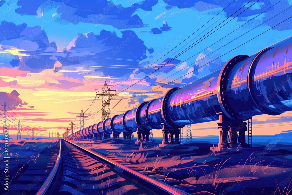 Poster a painting of a train moving down the tracks. suitable for transportation concepts