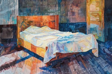 A realistic painting of a bed in a room, suitable for interior design projects