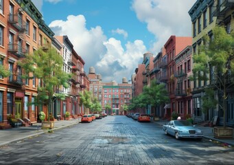 New York City street with colorful buildings and parked cars