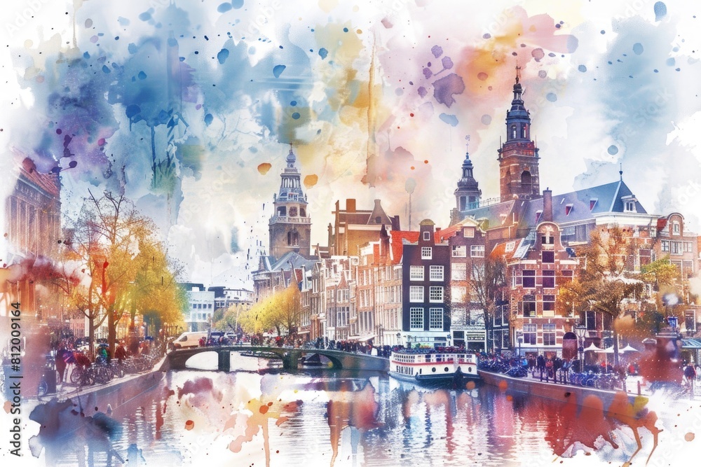 Poster A beautiful watercolor painting of a cityscape, perfect for various design projects